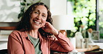 Happy, relax and face of mature woman in home with calm, peaceful and positive attitude on weekend. Smile, break and portrait of female person in living room for holiday at apartment in Mexico.