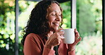 Aroma, coffee and plants with smile of woman in home for break, conservation or me time. Green, relax and scent with happy mature person drinking beverage in conservatory for perspective or recovery
