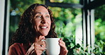 Coffee, smile and thinking with woman in home conservatory for contemplation or reflection. Drink, inspiration and relax with happy mature person in green sunroom for nostalgia or perspective