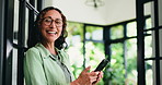 Phone, face and mature woman in home for social media, connectivity or communication on mobile app. Portrait, happy and female person with cellphone for texting, chatting or email in apartment.