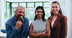 Face, happy team and business people in office for collaboration at insurance company. Portrait, smile and staff with cooperation together, about us and arms crossed with confident policy advisors