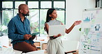 Laptop, tablet and whiteboard with people in office, cooperation and project management. Employee, mentor and woman with computer, collaboration or review of data charts, feedback and design proposal