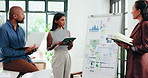 Tablet, whiteboard and business people in office with statistics for finance report with budget. Tech, discussion and team of financial advisors with graphs, charts or data for investment proposal.