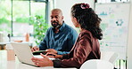 Laptop, planning and discussion with business people in office for idea, swot analysis and campaign research. Advertising review, meeting and project with employees in agency for performance graph