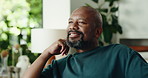 Relax, smile and thinking with black man in home for nostalgia, vision or positive mindset. Reflection, daydreaming and happy mature person with peace, calm and thoughts in living room on weekend