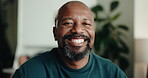 Face, black man and smile in house on weekend morning, positive attitude and resting on off day. Happiness, laughing or portrait of mature person with free time in apartment, peace and calm for break