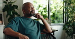 Relax, decision and thinking with black man in home for nostalgia, vision or positive mindset. Reflection, daydreaming and happy mature person with peace, calm and thoughts in living room on weekend