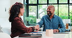 People, smile and handshake in office with meeting for marketing proposal, b2b negotiation and teamwork. Shaking hands, mature man and woman in workplace with tech, advertising deal and conversation.