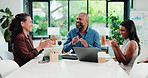 Business, people and meeting with applause in office for good news, finance report and success. Staff, laptop and clapping hands for financial achievement, team celebration and funding announcement