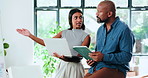 Laptop, tablet and whiteboard with business people in office for internship or project management. App, computer or presentation with mentor man and woman at work for feedback, planning or review