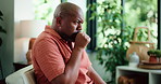 Sick, cough and black man in house with chest pain, infection or breathing problem in lung virus. Influenza, choking or mature person in home with tuberculosis, asthma or illness in allergy season.