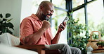 Success, fist pump or black man in house with phone, giveaway or award announcement in online gambling. Winner, excited or mature person in home with tech, prize update or victory in digital lottery.