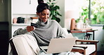 Laptop, credit card and happy woman in home for banking, online shopping and budget for payment. Debit, computer and Indian person with financial purchase, savings and investment with digital money 