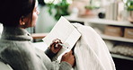 Hands, inspiration and writing with woman on sofa in living room of home for reflection or memories. Journaling, notebook and thinking with person in apartment for agenda, personal growth or planning