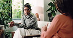 Therapy, listening and woman with therapist on sofa for counseling, emotional support and discussion. Psychology, office and person with patient for evaluation, consulting and help for mental health