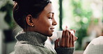 Woman, relax and smell coffee in home for peace, enjoy caffeine aroma and calm morning in lounge. Female person, breathing and scent with warm beverage, espresso fragrance and weekend break on couch