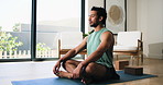 Fitness, meditation and yoga with man in home studio for balance, inner peace or mindfulness. Exercise, relax and zen with yogi person on floor in apartment for holistic health or wellness routine