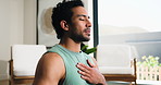 Breathing, fitness and meditation with man in home studio for balance, inner peace or mindfulness. Awareness, exercise and yoga with person in apartment for holistic health or wellness routine