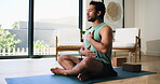 Breathing, meditation and yoga with man in home studio for balance, inner peace or mindfulness. Awareness, relax and zen with yogi person on floor in apartment for holistic health or wellness routine