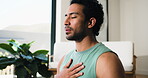 Breathing, fitness and yoga with man in home studio for balance, inner peace or mindfulness. Exercise, meditation and zen with yogi person in apartment for holistic health or wellness routine