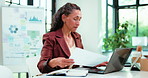 Laptop, paperwork and woman with typing for finance review, research and analytics. Office, tech and mature business person with charts, graph and report for financial planning or project budget