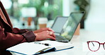 Typing, notebook or hands in office with laptop, online research or editing script for client. Review, woman or copywriter in agency with tech, blog evaluation or feedback for digital publication.
