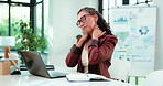 Woman, laptop and fatigue in office with neck pain from data analysis, financial proposal or bad posture. Tired, mature person and computer in workplace with stats report, muscle tension and massage.