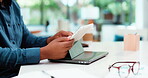 Design, hands and tablet with business person at desk in office for planning, report or research. App, reading and scrolling with designer in creative workplace for development or productivity