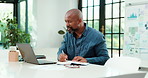 Laptop, writing or black man with notebook at desk for data analysis, reading or graphs for business growth. Performance report, tech or mature analyst with stats handover, check numbers or startup