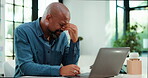 Exhausted, black man and laptop in office with headache for copywriting error, marketing crisis and issue. Tired, mature person and computer with migraine, advertising problem and copywriter mistake.
