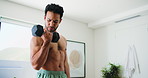 Man, fitness and weightlifting with dumbbells for arm exercise, muscle gain or training in home. Active, muscular or male person with equipment or weight for bicep curl or workout on mat in house