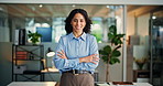 Happy, arms crossed and face of business woman in office for about us, risk analyst and pride. Insurance broker, premium cover consultant and smile with person in agency for confidence and advisor