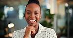 Smile, professional and face of business black woman in office for about us, risk analyst and pride. Insurance broker, premium cover consultant and bokeh with person for confidence and advisor