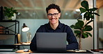 Glasses, laptop and face with business man in office for trading report, account research and email. Portfolio manager, evening deadline and investor feedback with person in agency for planning
