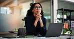 Thinking, laptop and glasses with business woman in office for trading report, account research or vision. Portfolio manager, evening deadline and investor feedback with person in agency for idea