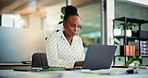 Typing, laptop and black woman in workplace for business, article or headline research on internet. Computer, person and journalist in office to review story, reading email and news publication