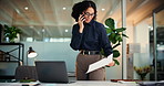 Night, glasses or woman with phone call for document verification, review transaction or fraud investigation. Late, tech or auditor with account info for evaluation, confirm mistake or report finding