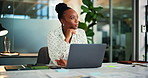 Thinking, laptop and research with business black woman in office for trading report, account review or vision. Portfolio manager, evening deadline and feedback with person for problem solving