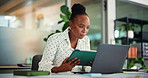Tablet, laptop and black woman in workplace for business, article or publication feedback. Technology, smile or journalist with computer in office to review story, reading news or headline comparison