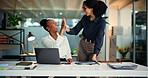 Business women, high five and advice in office with training, mentor review and help at night. Employee, target or congratulations with journalist, feedback and laptop for proposal or agency report