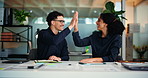 Business people, high five and advice in office with training, mentor and review for help at night. Man, woman and congratulations with journalist, feedback and tablet for proposal or agency report
