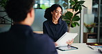 Document, interview and business woman in office for contract, cv or discussion with tablet. Recruitment meeting, paperwork or man with hr manager for job opportunity, resume and smile with candidate