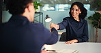 Happy woman, meeting or interview with handshake for deal, job opportunity or agreement in office. Female person, employer or shaking hands with candidate for career application or recruiting process