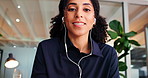Video call, face or woman in office with earphones, networking or wave hello in client chat. POV, introduction or consultant in agency with tech, online meeting or report update for stakeholder.