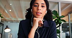Earphones, video call or face of woman in office for hiring, online interview or listen to question response. Recruiting, pov or hr consultant with tech for conversation, talent sourcing or low angle
