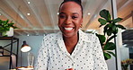 Video call, POV or woman in office with laugh, marketing pitch or positive feedback from client. Bokeh, explaining or consultant in agency with smile, online meeting or good news on campaign update.