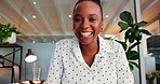 Hiring, video call or face of black woman in office, online interview or listen to question response. Laugh, pov or friendly hr agent with discussion for talent sourcing, virtual meeting or low angle