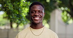 Face, black man and student outdoor on college campus with smile, environmental study and education. Happy, person and pride at university for ecology degree, academic scholarship or science faculty.