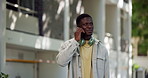 Phone call, student and black man in city, walking and smile with scholarship, university and talking. Outdoor, mobile user or African person in street, college or communication with cellphone or app