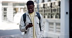 College student, man and walking with phone in city for commute, street navigation and online map. Happy, black person and smartphone outdoor for journey to university, urban travel and check route